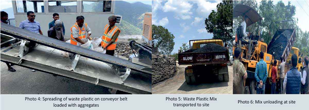 Spreading of waste plastic on conveyor belt loaded with aggregates