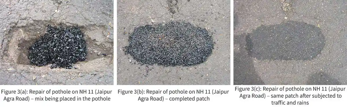 Repair of pothole on NH 11 (Jaipur Agra Road) – mix being placed in the pothole