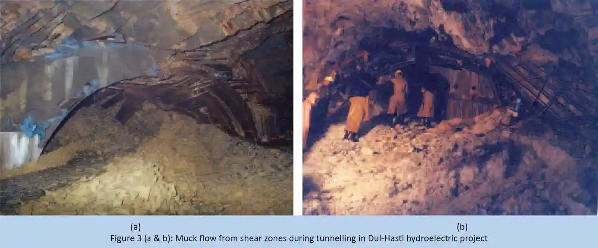 Muck flow from shear zones during tunnelling in Dul-Hasti hydroelectric project