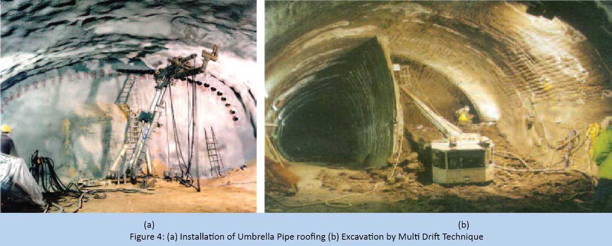Installation of Umbrella Pipe roofing (b) Excavation by Multi Drift Technique