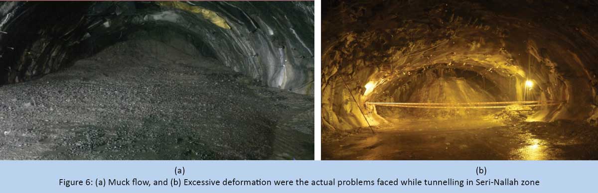 Muck flow, and (b) Excessive deformation were the actual problems faced while tunnelling in Seri-Nallah zone