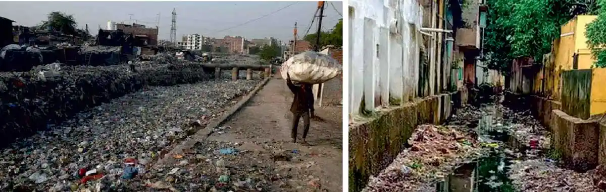Figure 5: Choking of major city drains in (left) Delhi, (right) Mumbai