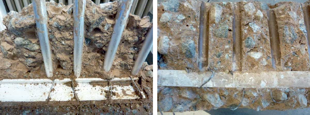 Split concrete beam at 40 days age showing that aluminium bars (left image) are not corroded (including a T-profile bar in same alloy perpendicular to them) and that the imprints in the concrete (right image) are free from corrosion products.