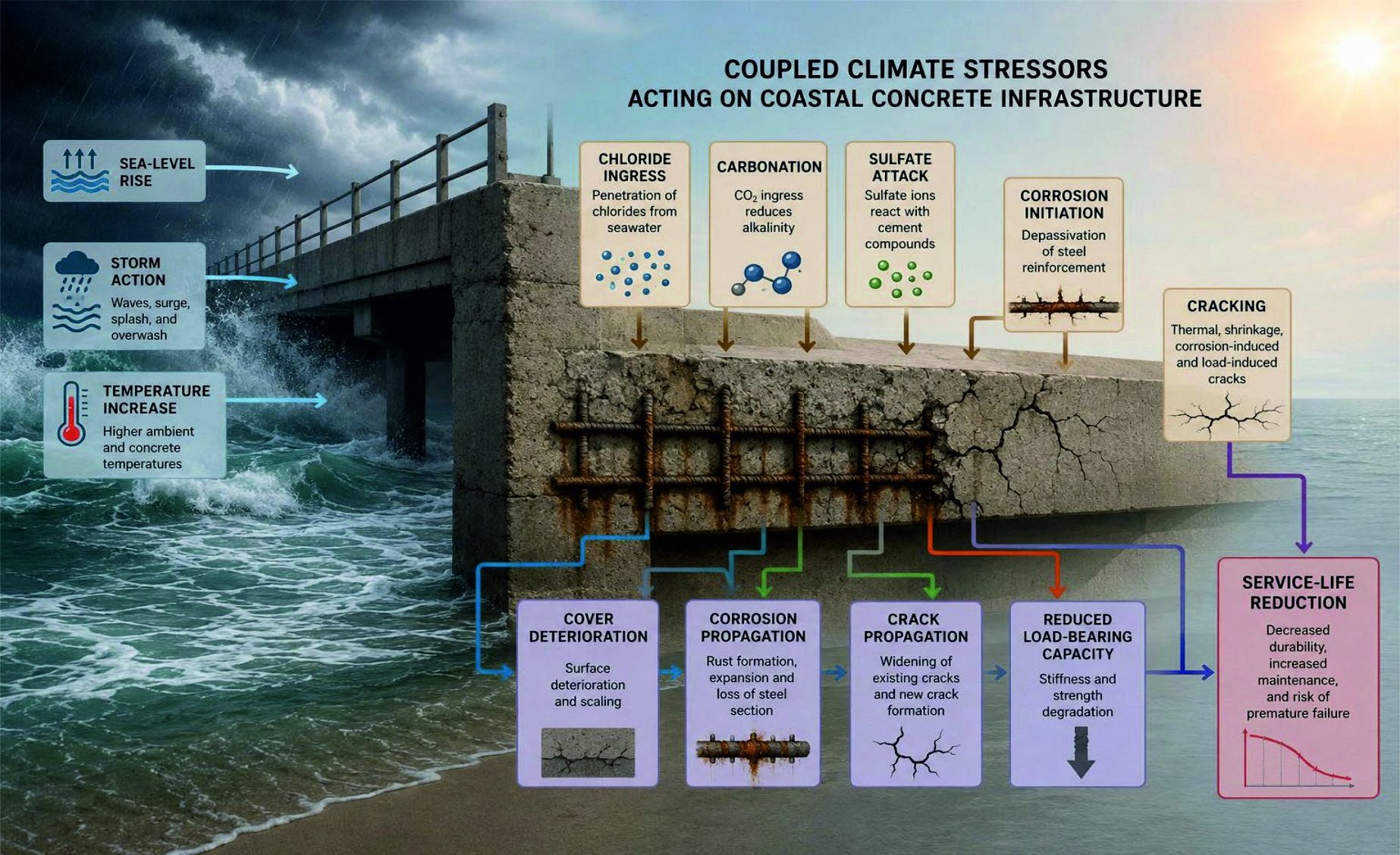 Figure 1: Coupled Climate Stressors Acting on Coastal Concrete Infrastructure