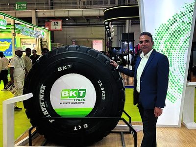 Farid Ahmed of BKT with an off-highway tyre