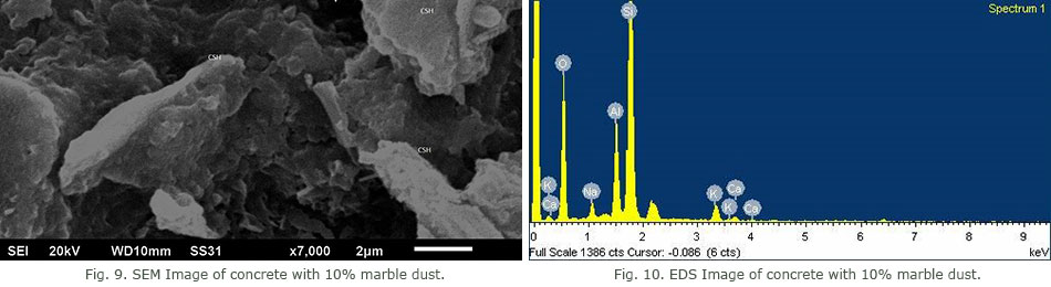 SEM and EDS Image of concrete with 10% marble dust.